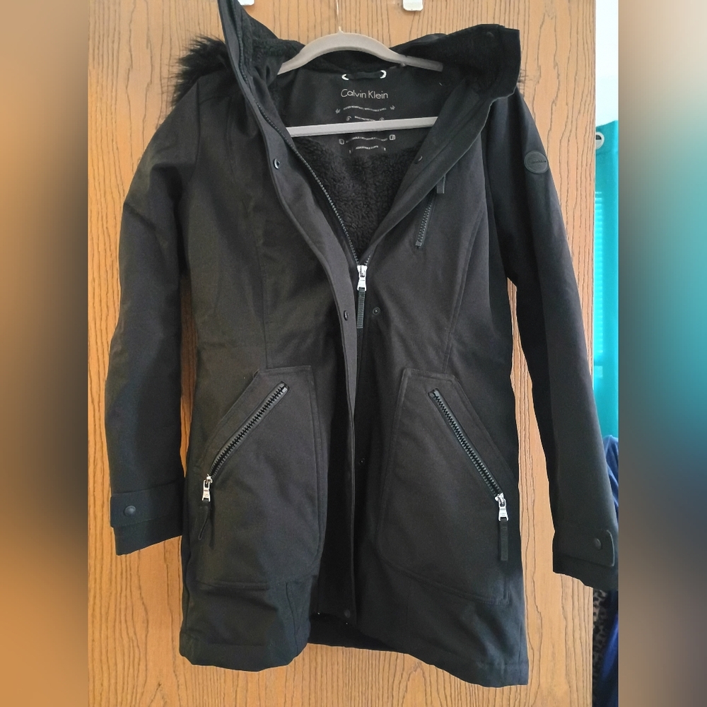 Calvin Klein Black Women's Hooded Trench Coat with Fur Trim